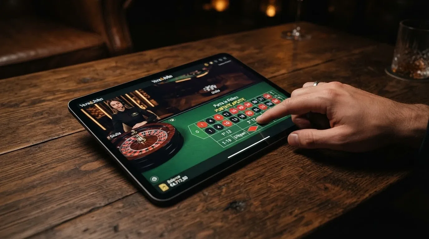 Tavolo di live dealer in streaming su tablet Android con croupier, carte e interfaccia di puntata touch
