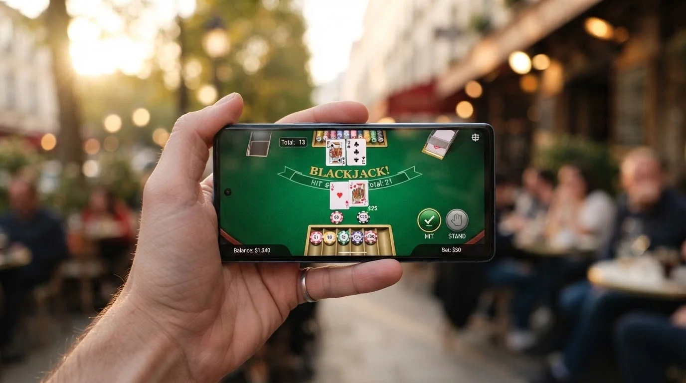 Mano che tiene uno smartphone in orizzontale con un tavolo da blackjack live in streaming sullo schermo, ambiente esterno sfocato