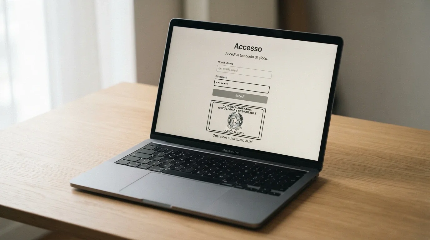 Schermo di login di un casinò online con logo ADM visibile nel footer, numero di concessione evidenziato