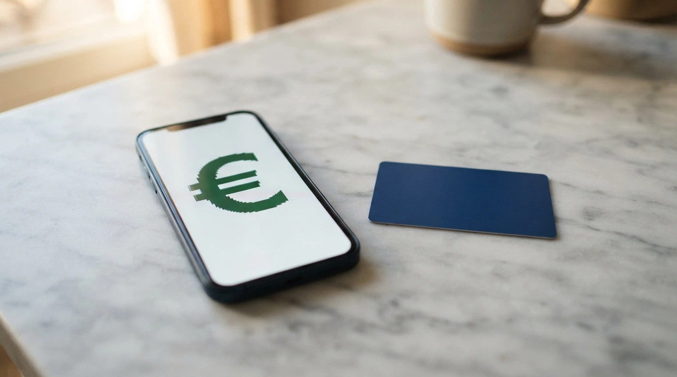 Smartphone con le icone di PayPal, Apple Pay e Bancomat Pay accanto a una carta di credito su sfondo neutro