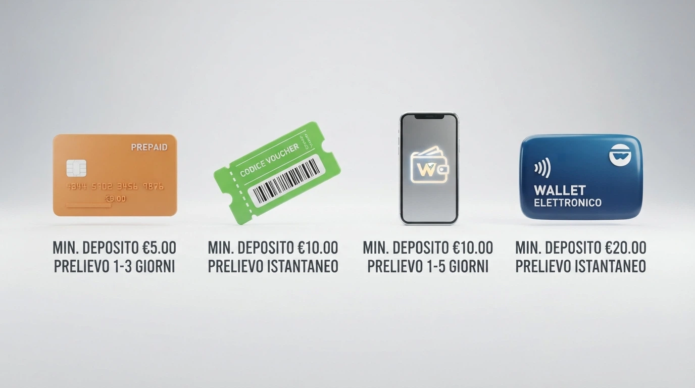 icone di Postepay, Paysafecard, Apple Pay e PayPal affiancate dalla soglia minima di deposito di ciascuna e dal tempo di prelievo