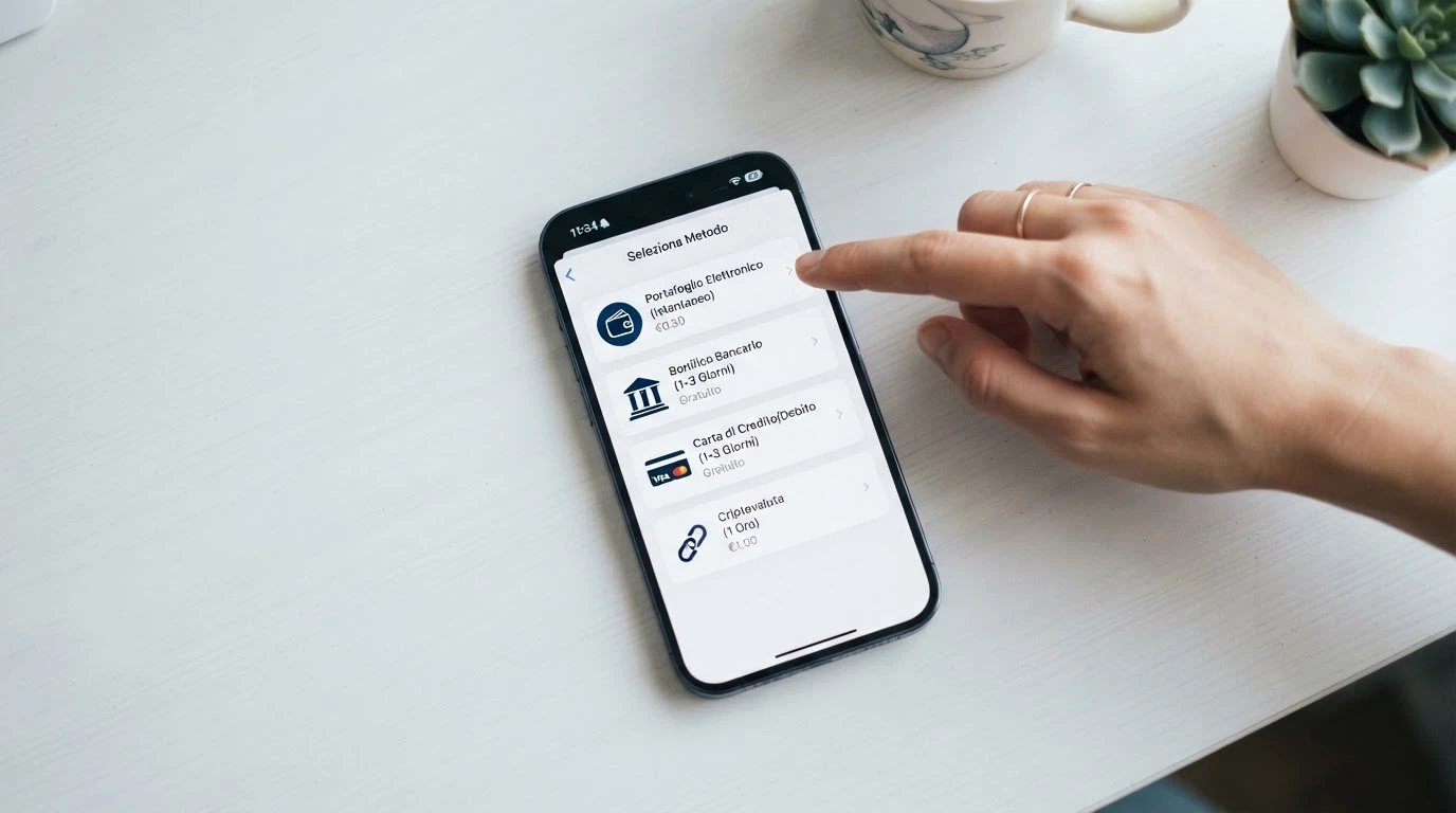 Uno smartphone che mostra un'interfaccia di prelievo con quattro opzioni affiancate — PayPal, bonifico, carta di credito e wallet crypto — ciascuna con un tempo stimato di accredito