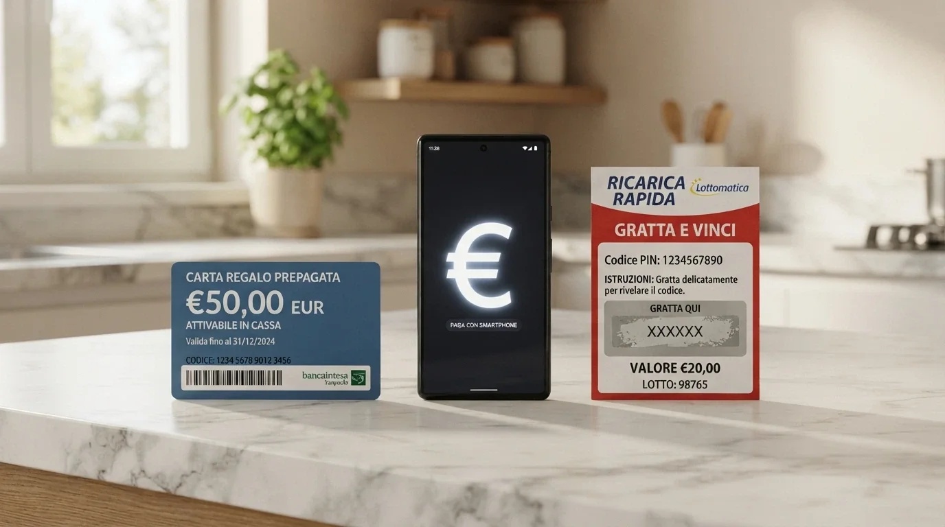 Una carta Paysafecard, uno smartphone con il logo PayPal e una Scratch Card affiancati su un tavolo