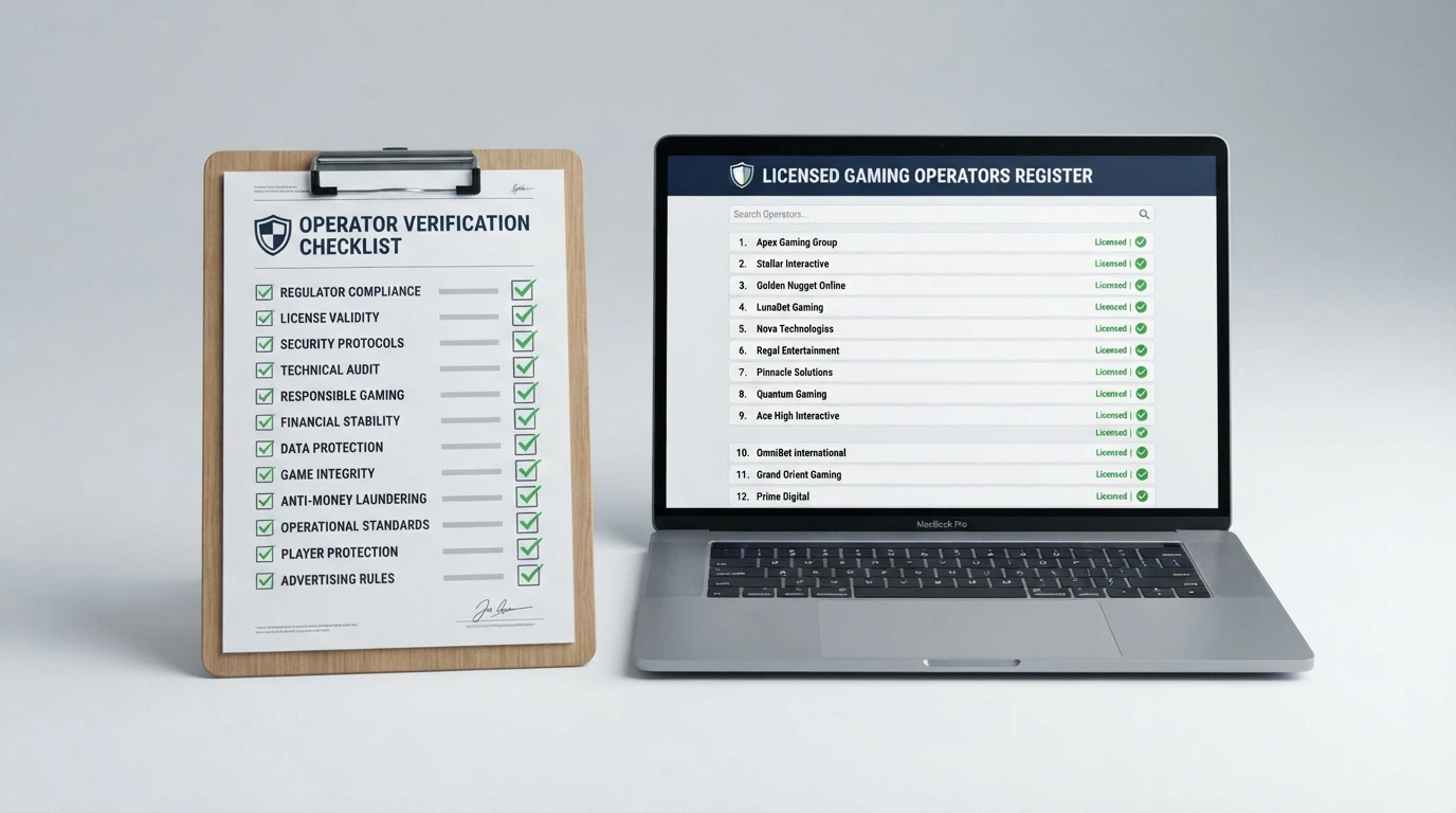 Checklist e criteri di valutazione su un foglio accanto a uno schermo che mostra il registro ufficiale dei concessionari ADM