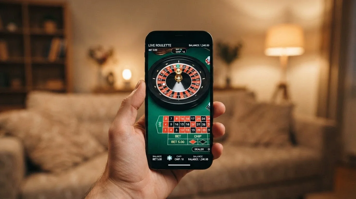 Uno smartphone in mano a un giocatore con l'interfaccia di un casinò crypto aperta, in un contesto quotidiano come un divano o un tavolino