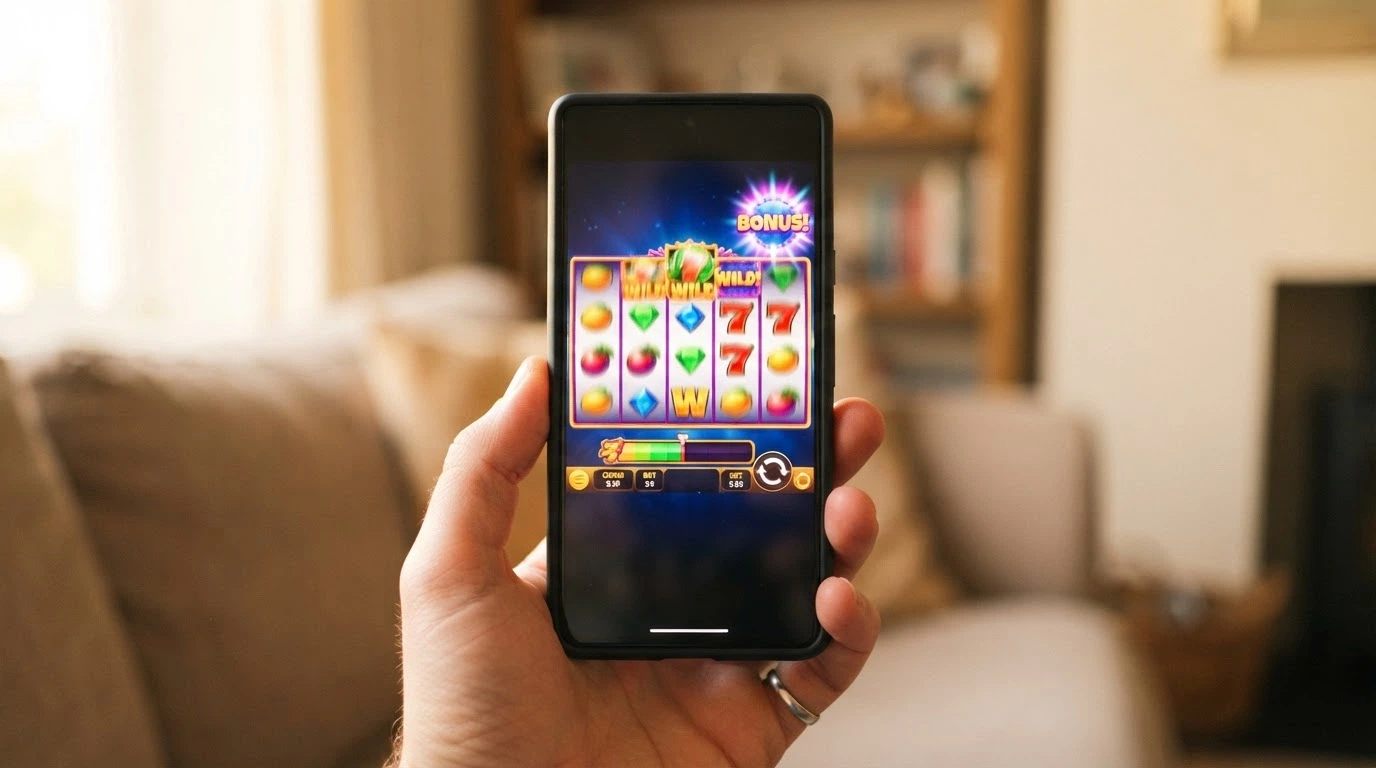 Smartphone con interfaccia di casinò mobile aperta su una slot con giri gratis attivi
