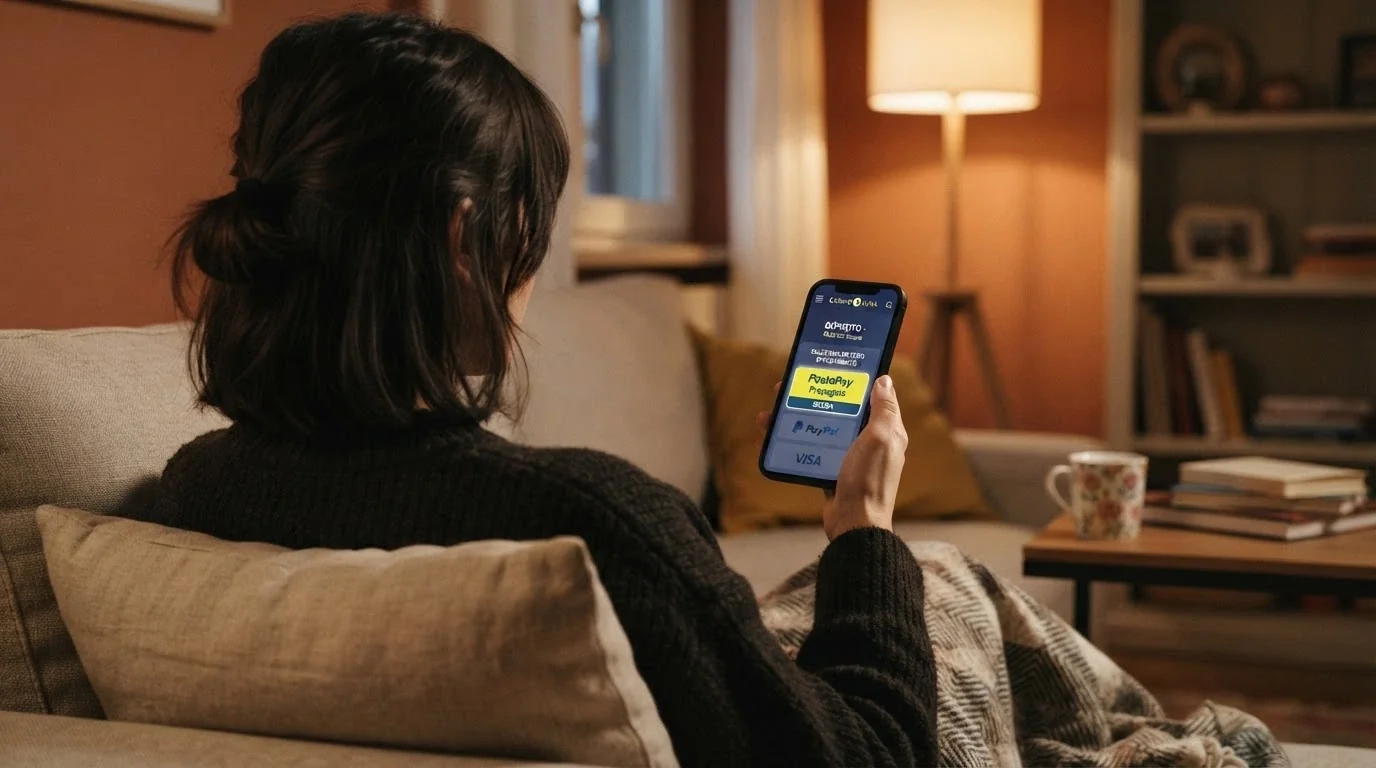 Uno smartphone che mostra un'app di casinò con la schermata di deposito PostePay, in mano a una persona seduta su un divano