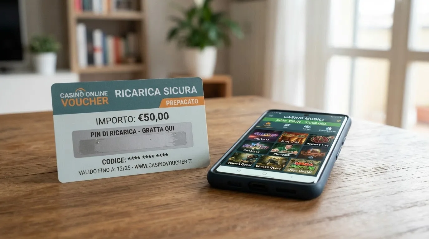 Una carta Paysafecard con il codice PIN accanto a uno smartphone con l'app di un casinò