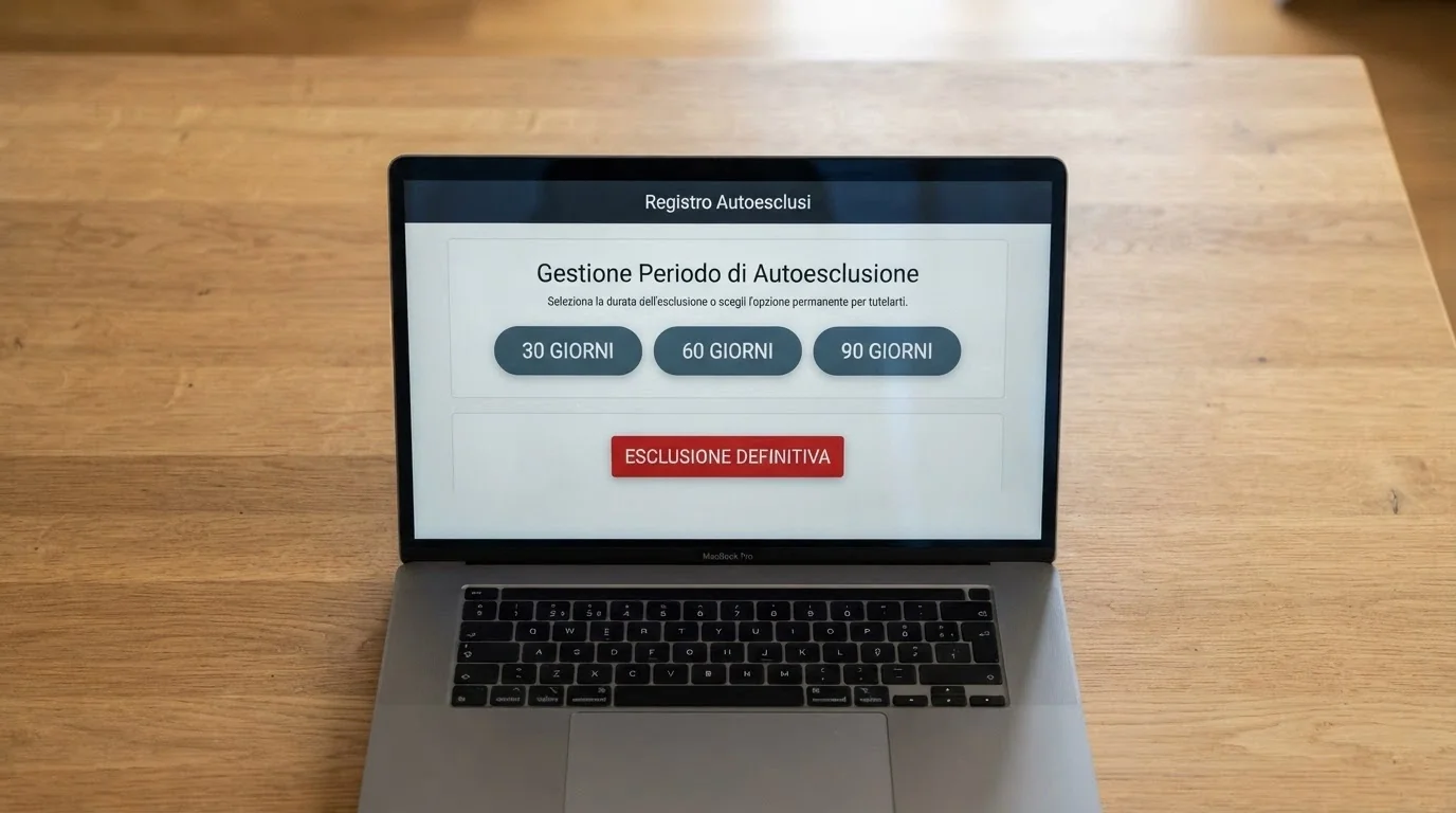 L'interfaccia del portale RUA con i pulsanti per l'autoesclusione temporanea (30, 60, 90 giorni) e definitiva