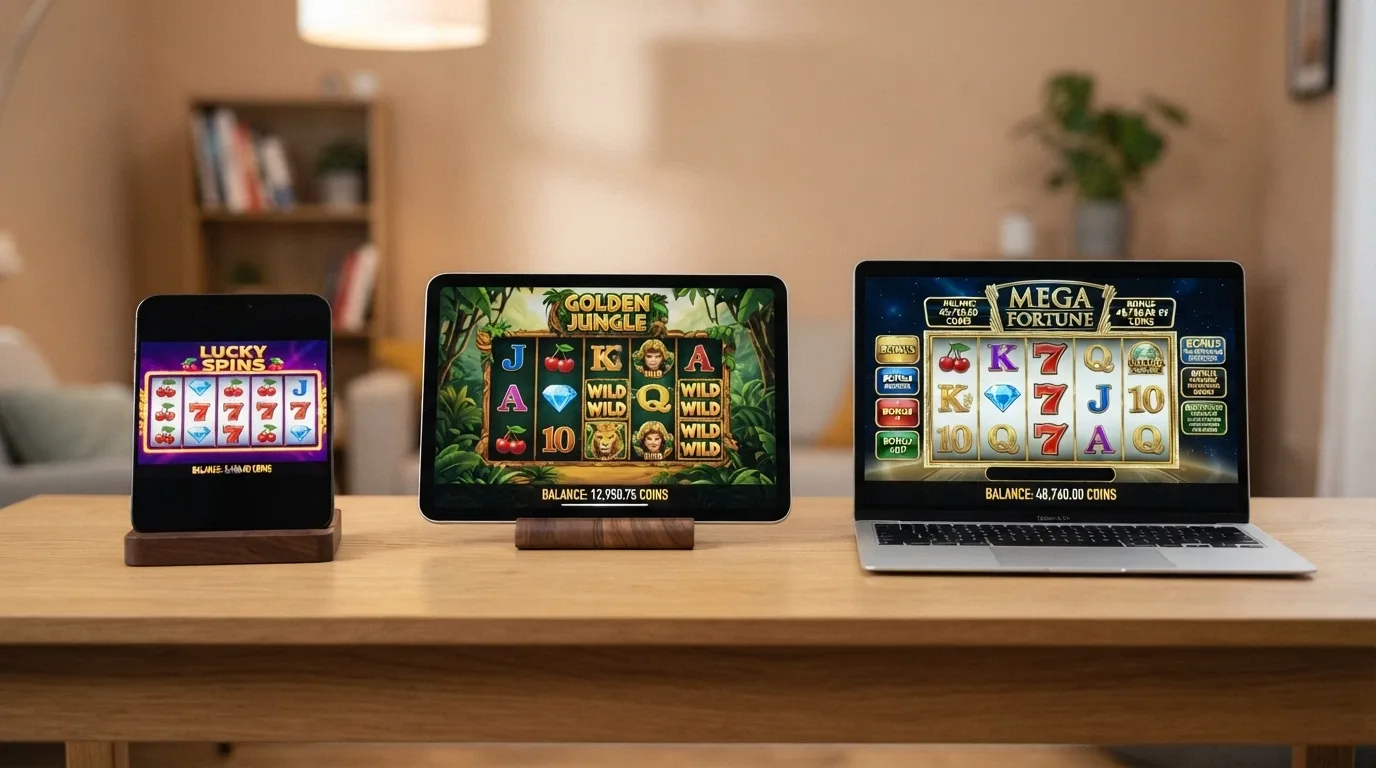 Tre dispositivi affiancati — smartphone, tablet e laptop — ciascuno con l'interfaccia di un diverso portale di slot demo