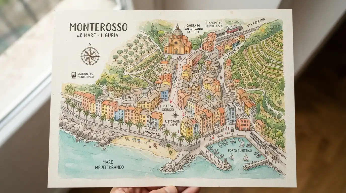 Mappa del centro di Sanremo con evidenziato il percorso da piazza Colombo a corso Inglesi 18 attraverso via Matteotti