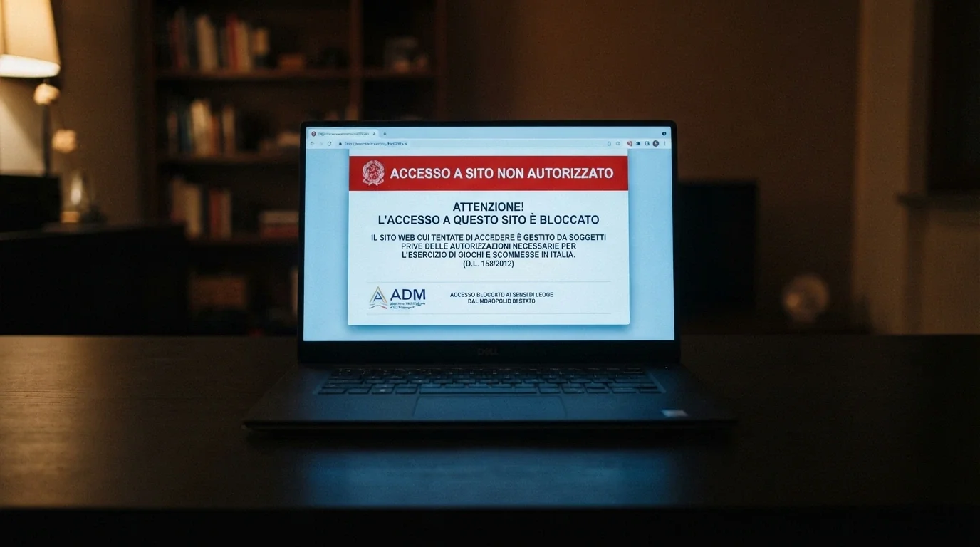 Un avviso di sito bloccato dall'ISP su uno schermo con il logo ADM visibile in sovrimpressione