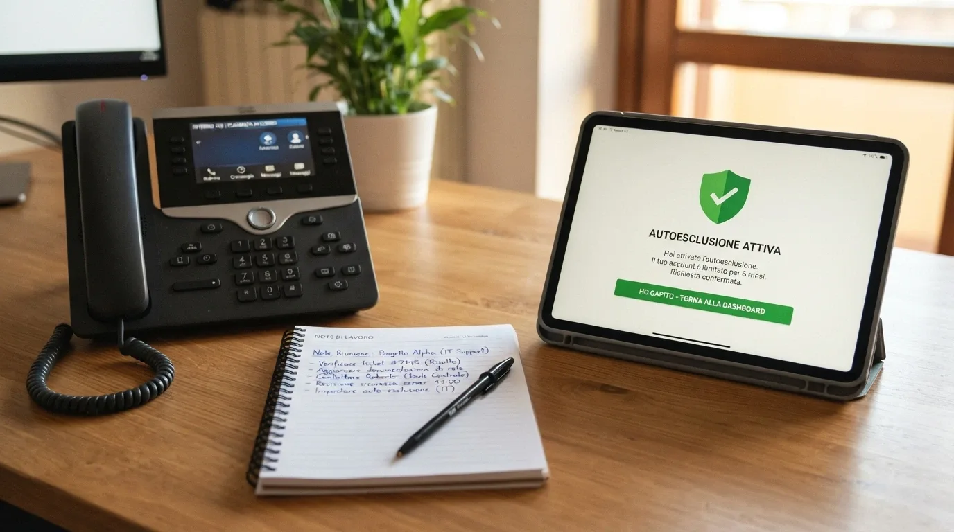 Un telefono fisso su una scrivania con un bloc-notes aperto e una penna, accanto a uno schermo che mostra un'interfaccia di autoesclusione