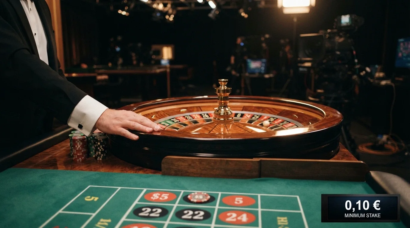 Un tavolo di roulette live con croupier, con l'interfaccia di gioco che mostra una puntata minima di 0,10€