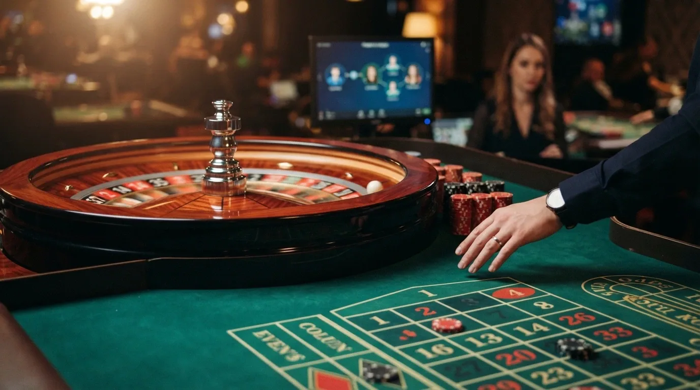 Ruota della roulette europea dal vivo con croupier che lancia la pallina, tavolo verde con panno numerato e giocatori connessi visibili nell'interfaccia