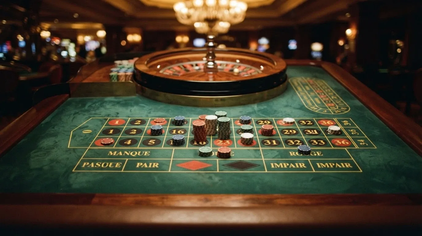 un tavolo di roulette europea con puntate distribuite su numeri diversi, il dettaglio del panno verde e delle fiches colorate