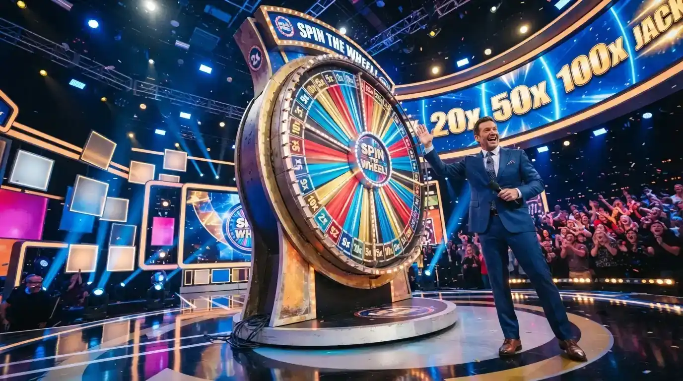 Ruota della fortuna in uno studio di game show live con conduttore in piedi, pubblico virtuale e moltiplicatori luminosi sullo schermo