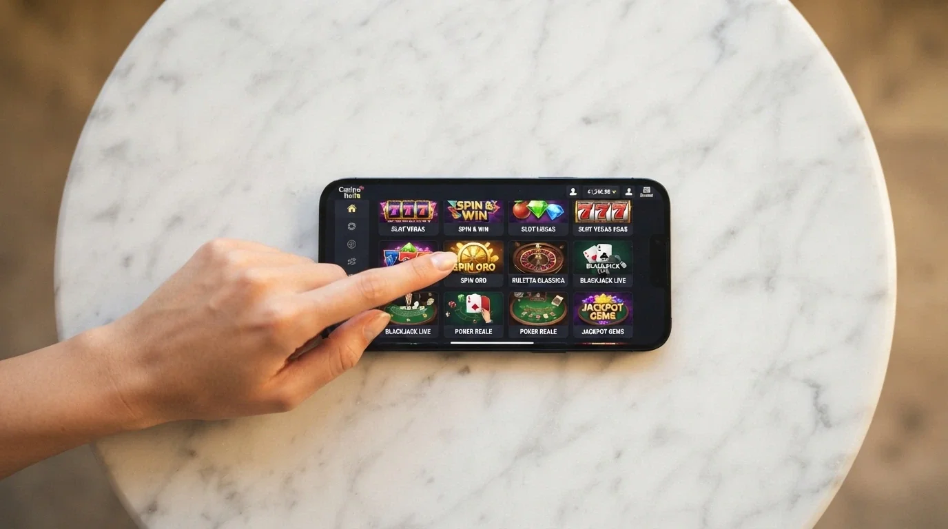 iPhone appoggiato su un tavolo con la schermata di un casinò ADM e una mano che sfiora lo schermo