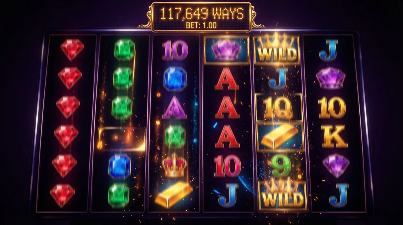 Griglia Megaways a rulli variabili di una slot Big Time Gaming con decine di simboli in cascata