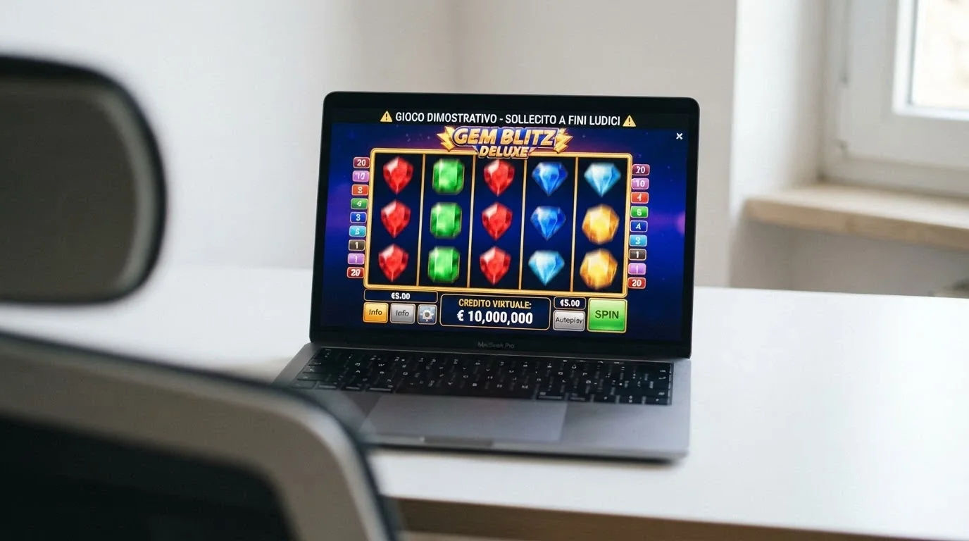 Schermata di una slot machine in modalità demo con il contatore dei crediti virtuali e la scritta «gioco dimostrativo» in sovrimpressione