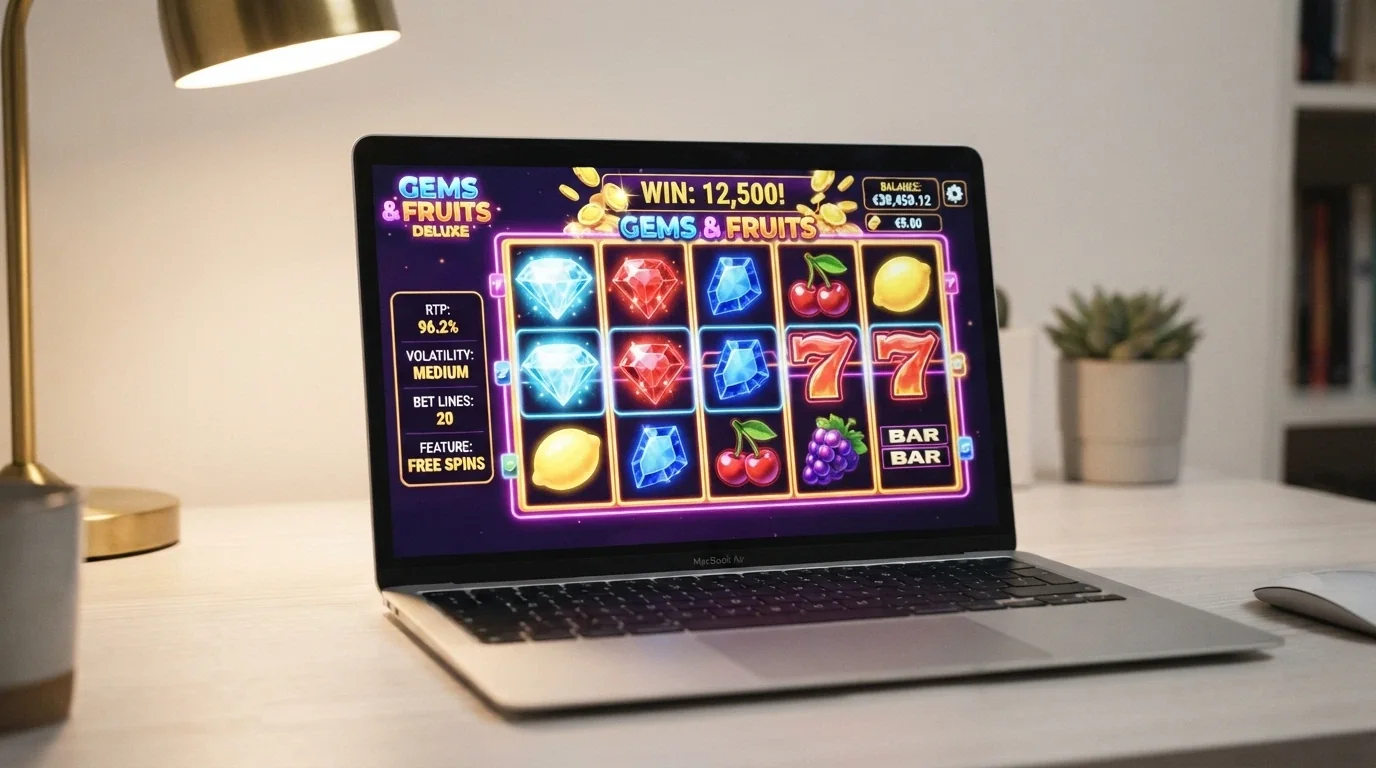 Una slot machine online aperta nel browser con l'indicatore del saldo virtuale in evidenza e i dettagli di RTP e volatilità visibili a lato