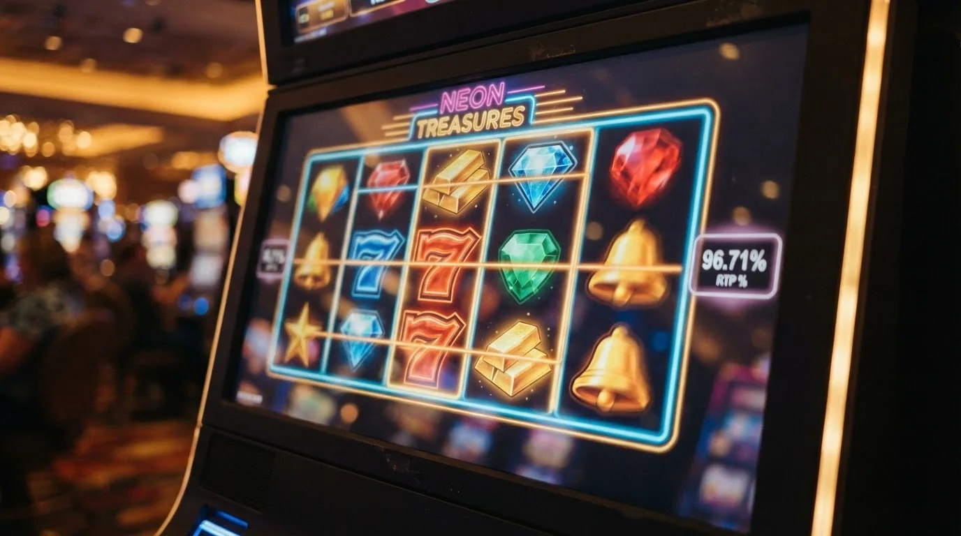 Una griglia di slot machine online con rulli colorati, simboli classici e l'indicatore dell'RTP in primo piano