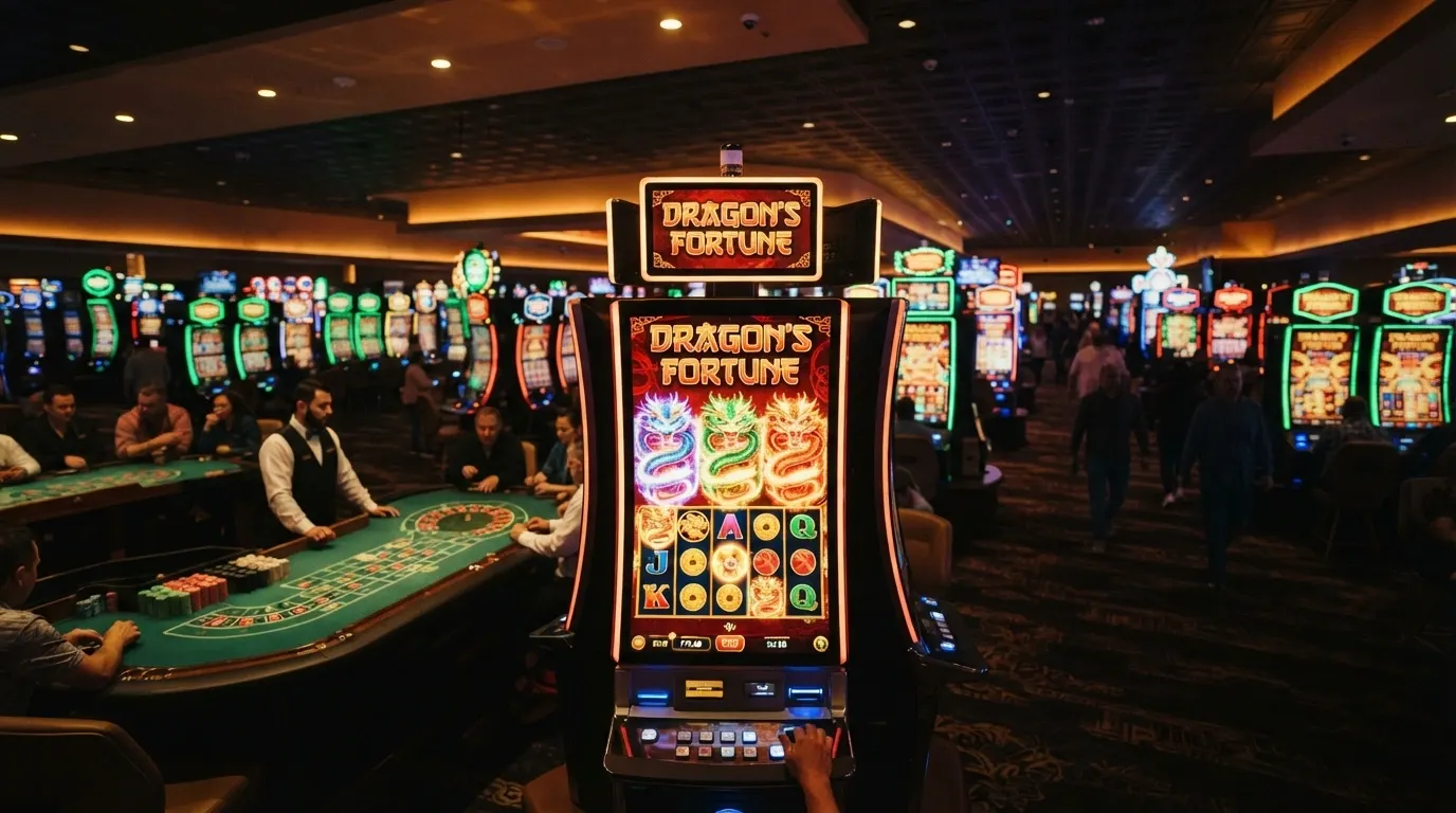 Una griglia di slot online con diversi provider in evidenza e un tavolo da live casino in primo piano