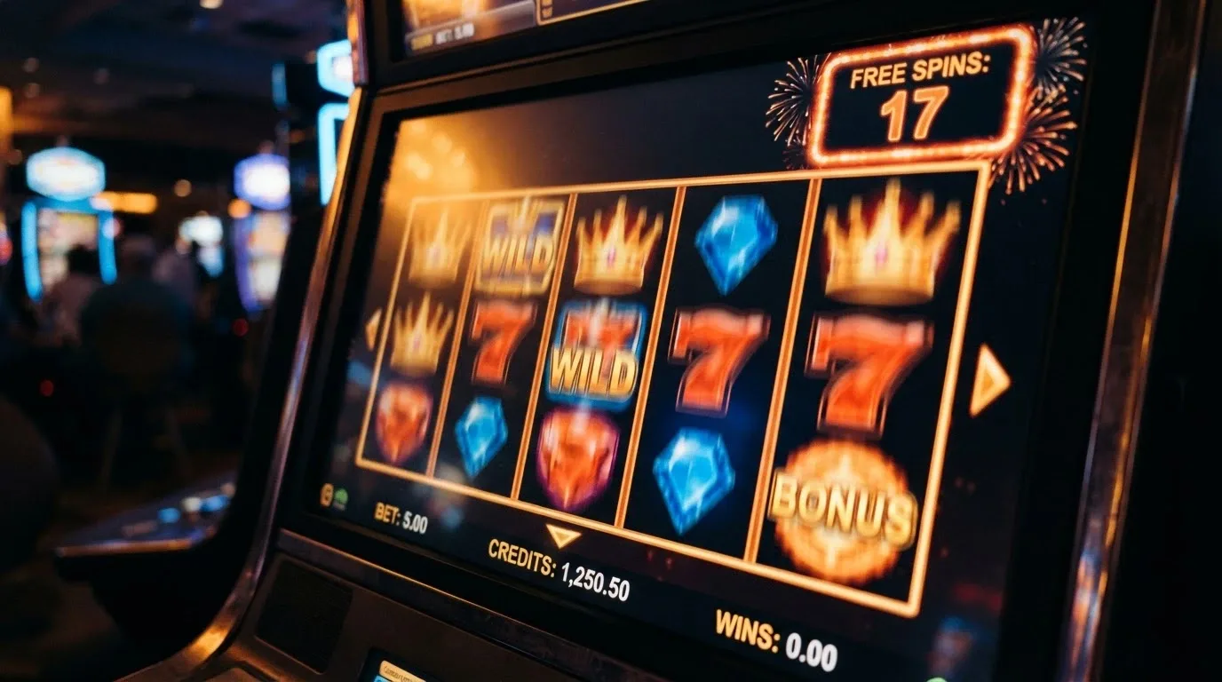 Rulli di una slot online con simboli free spin illuminati e contatore giri in evidenza