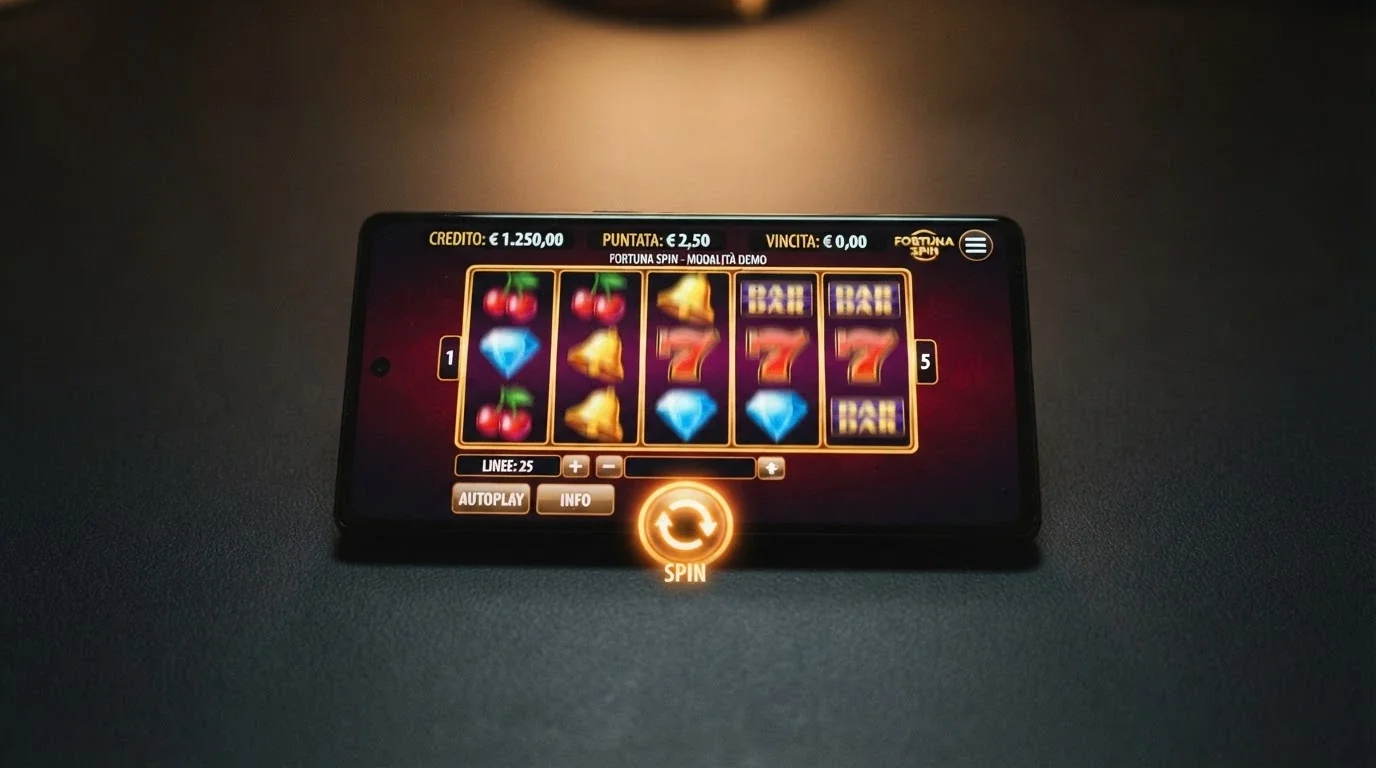 Slot machine in modalità demo su smartphone Android con credito virtuale e pulsante di puntata