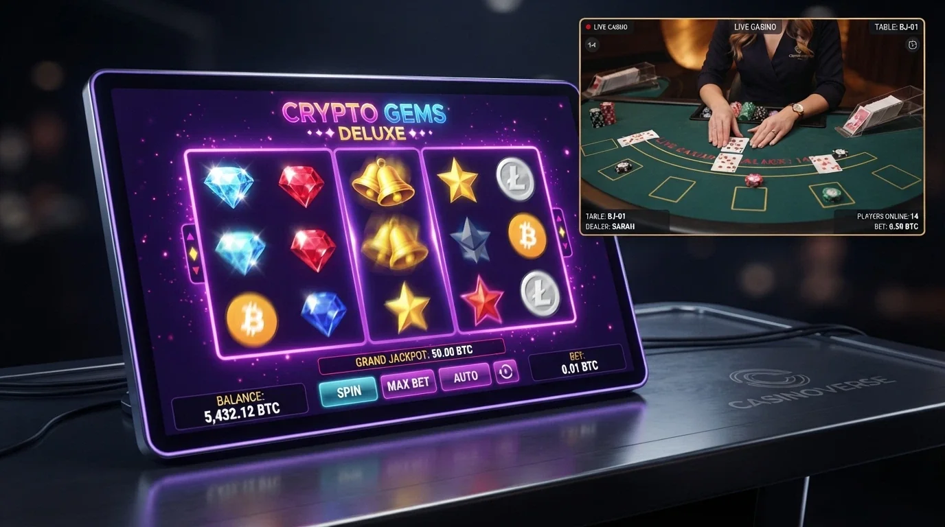 Interfaccia di una slot machine digitale con rulli colorati in primo piano e una finestra di live dealer con croupier in sovrimpressione