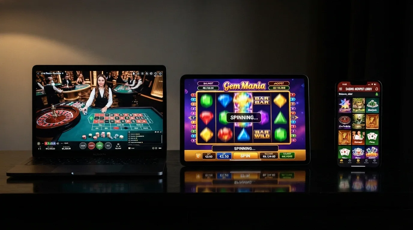 Un collage di tre schermate: una slot machine online con rulli in movimento, un tavolo di roulette dal vivo con croupier in streaming e una lobby di casinò con centinaia di icone di giochi