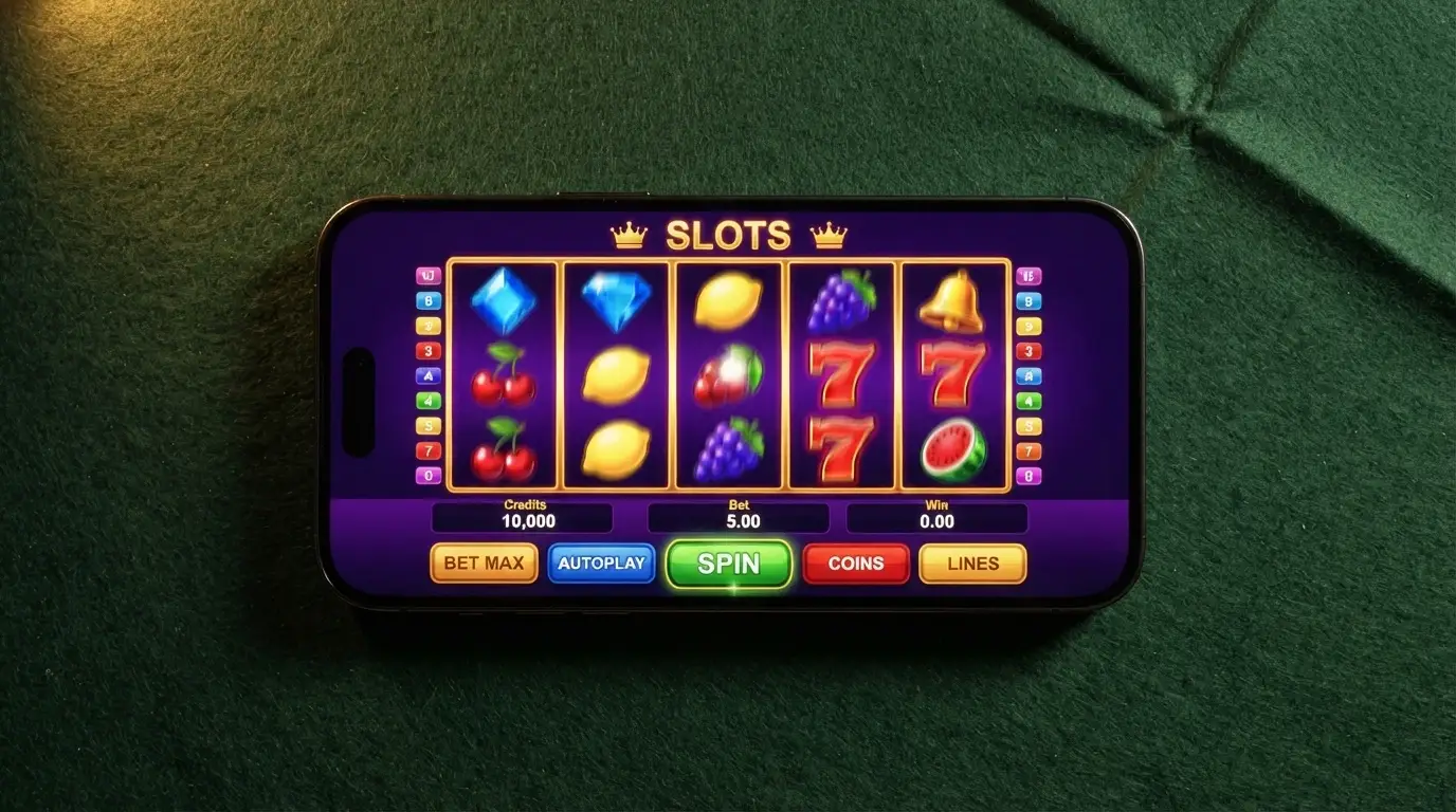 Schermata di una slot machine in esecuzione su iPhone in orientamento orizzontale con rulli e pulsanti visibili