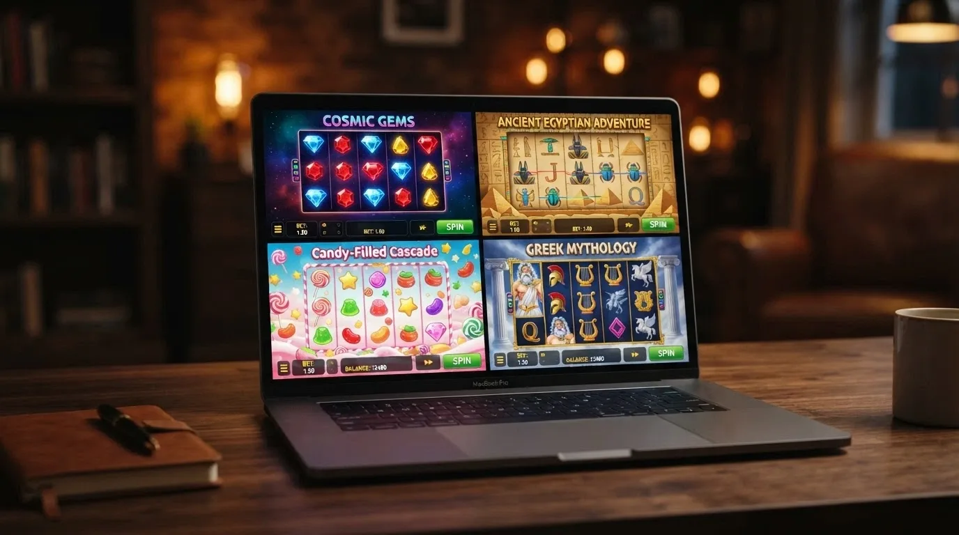 griglia di quattro slot — Starburst, Book of Dead, Sweet Bonanza e Gates of Olympus — ciascuna con RTP, volatilità e vincita massima