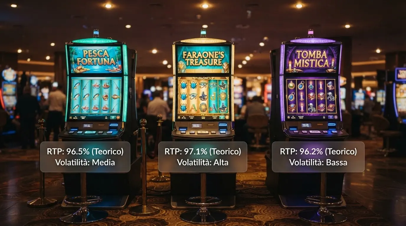 Tre slot machine affiancate con i rispettivi valori di RTP e volatilità in sovrimpressione