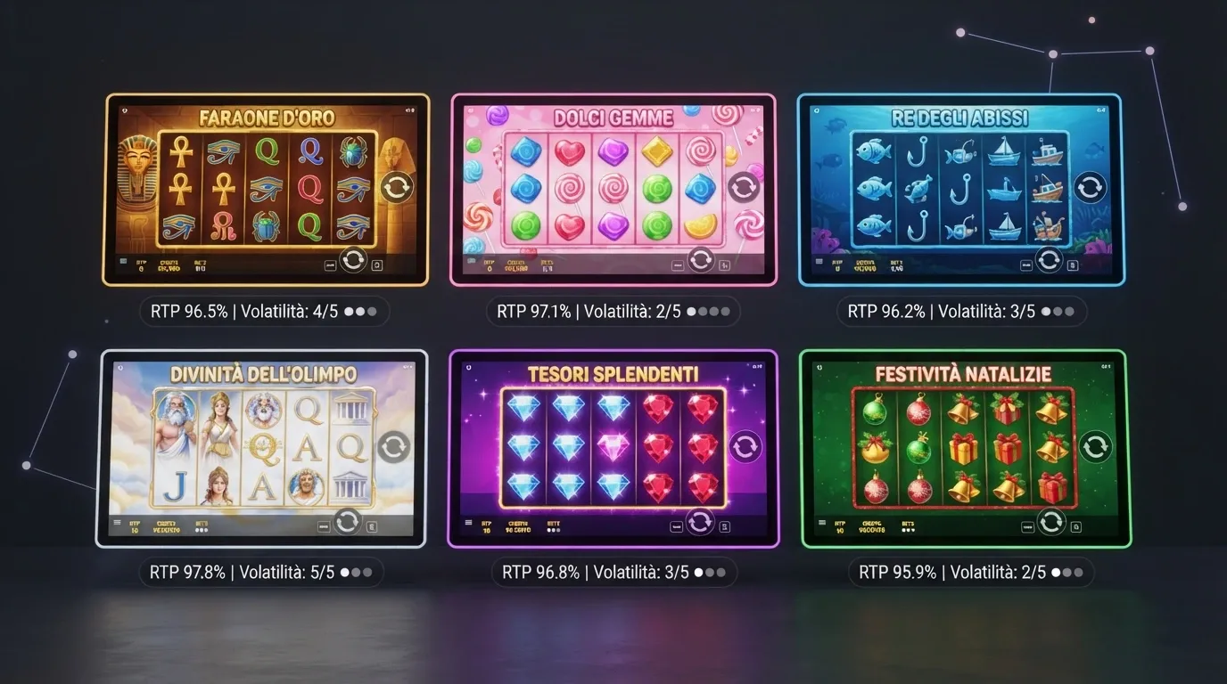 Una griglia di sei slot machine online con i rispettivi valori di RTP e volatilità in overlay