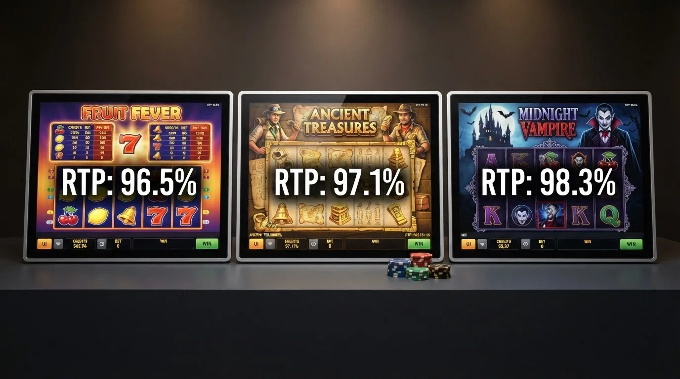 Una selezione di schermate di slot ad alto RTP affiancate in una griglia, con il valore RTP in evidenza su ciascuna — Mega Joker, Book of 99, Blood Suckers