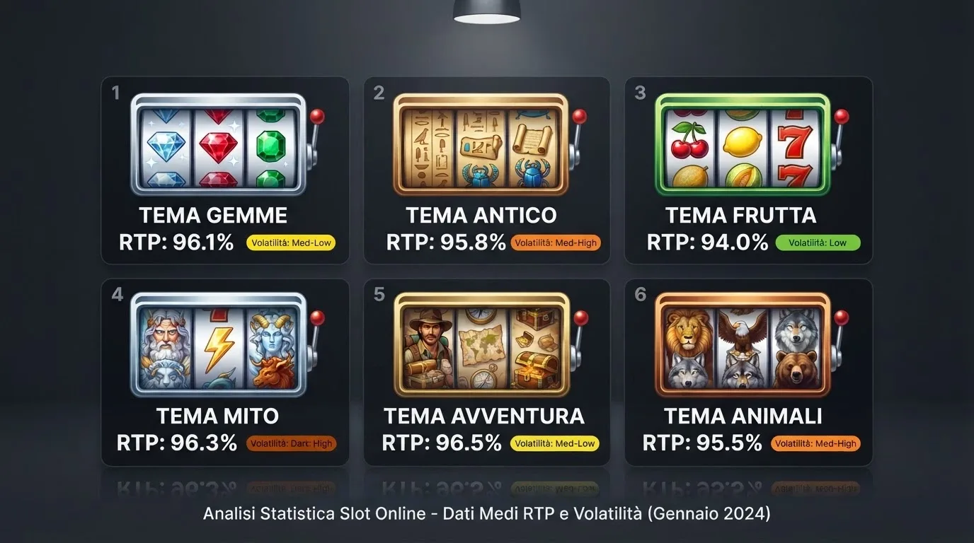 Griglia di sei slot machine con accanto a ciascuna il valore RTP in percentuale e un indicatore grafico di volatilità (bassa, media, alta)