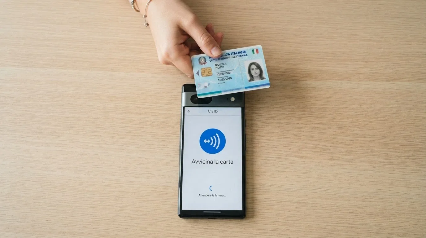 Uno smartphone con l'app CieID aperta avvicinato al retro di una CIE per la scansione NFC