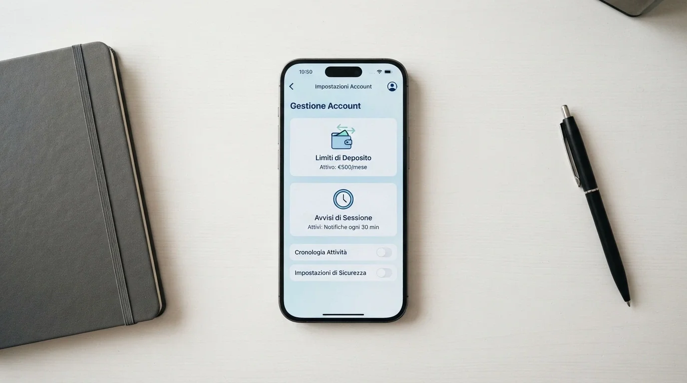 Pannello di controllo dell'area conto con limiti di deposito, autoesclusione e alert di sessione visibili