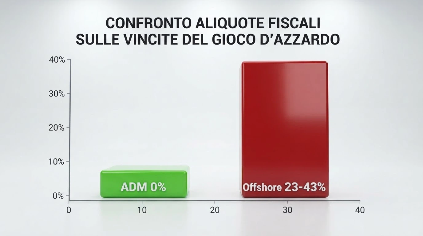 Un grafico a barre che confronta la percentuale trattenuta sulle vincite: 0% per i casinò ADM, 23-43% per i casinò offshore