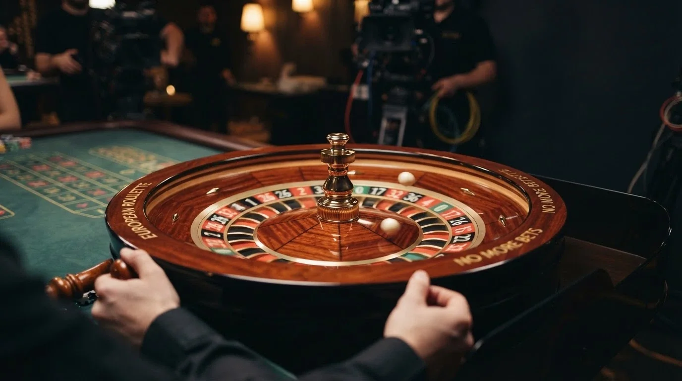 Primo piano di una ruota della roulette in rotazione con la pallina in corsa, croupier sullo sfondo, illuminazione da studio