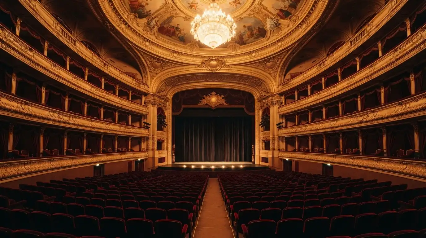 L'interno del teatro dell'opera del Casinò di Sanremo con platea, palchi e palcoscenico