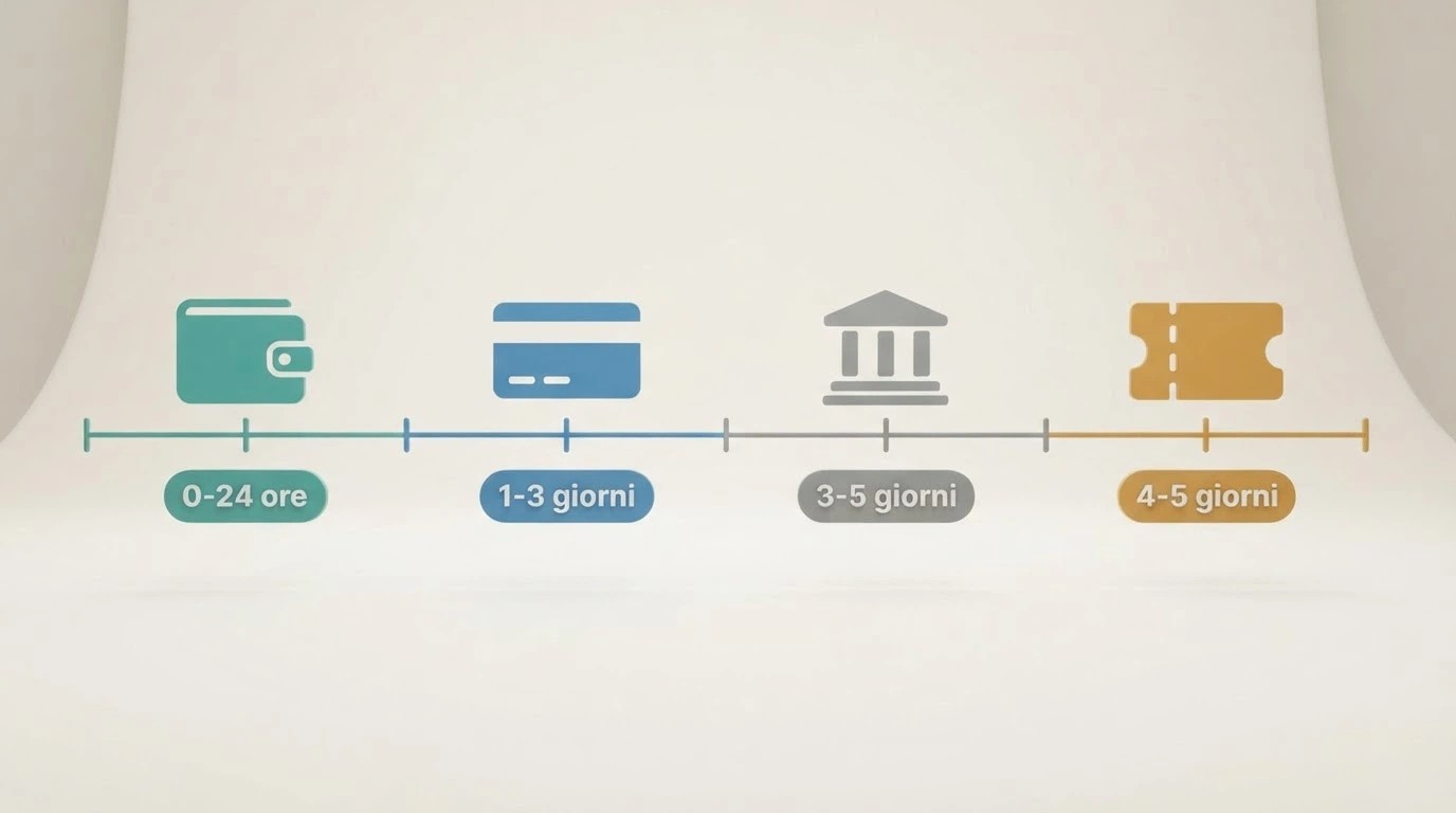 Un cronometro accanto alle icone di bonifico, carta di credito ed e-wallet con tempi a confronto
