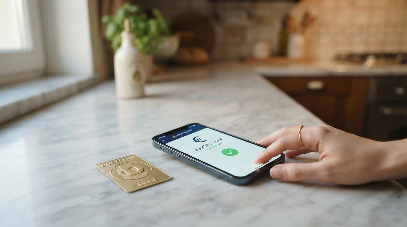 Un wallet Dogecoin aperto su smartphone accanto alla schermata di deposito di un casinò online, con una transazione in corso