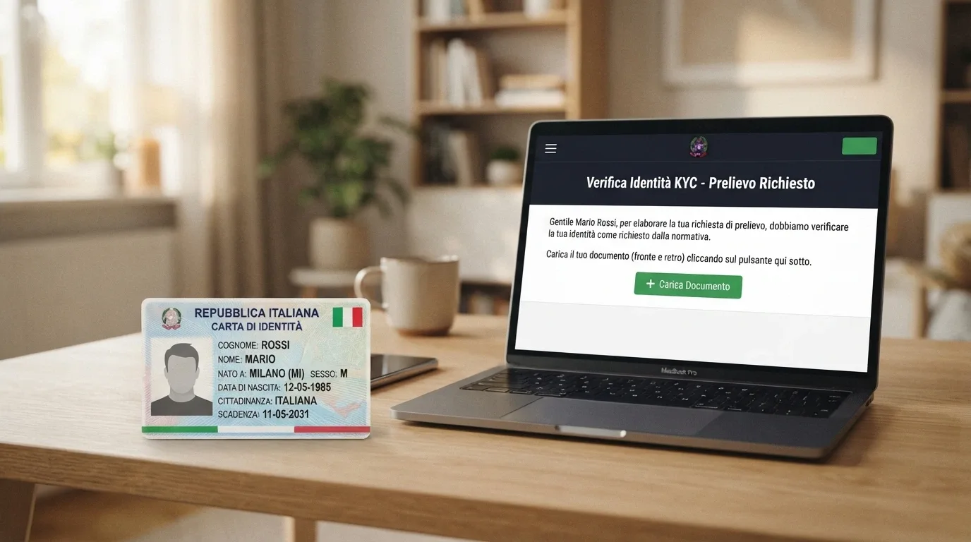 Un documento di identità accanto allo schermo di un computer con la richiesta di verifica KYC di un casinò online