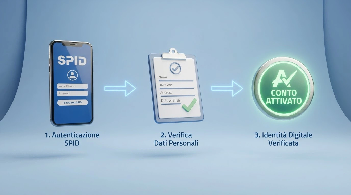 Un'infografica che mostra i tre passaggi della verifica dell'identità digitale: accesso SPID, conferma dati anagrafici, attivazione conto gioco
