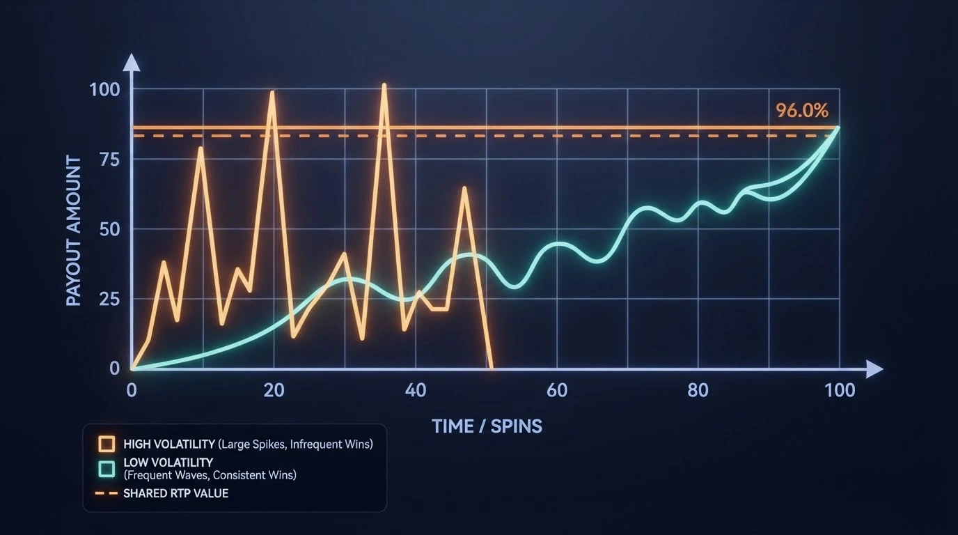 Un grafico comparativo stilizzato che mostra due curve di payout: una con picchi rari e alti (alta volatilità) e una con vincite frequenti e basse (bassa volatilità), entrambe convergenti sullo stesso RTP