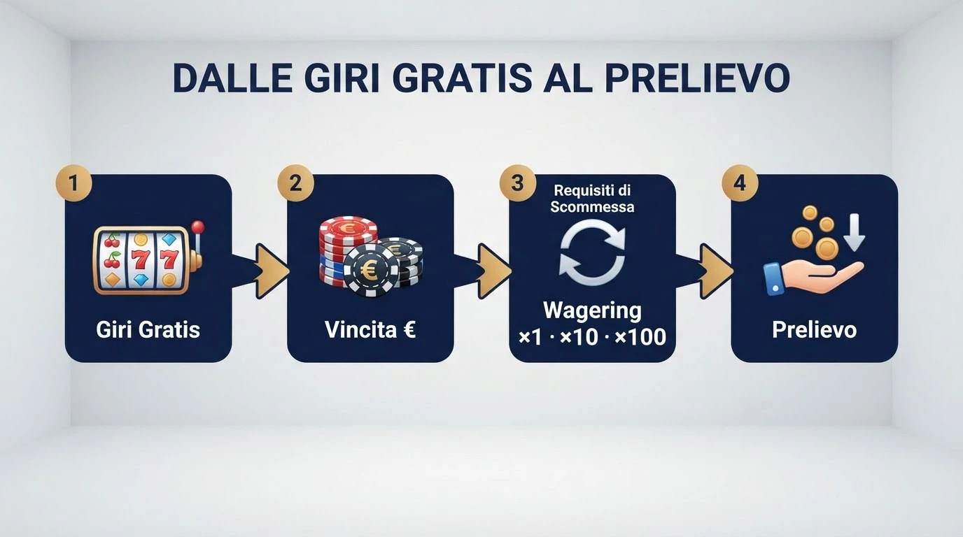 Infografica che mostra il percorso da giri gratis a prelievo con il moltiplicatore del wagering in evidenza